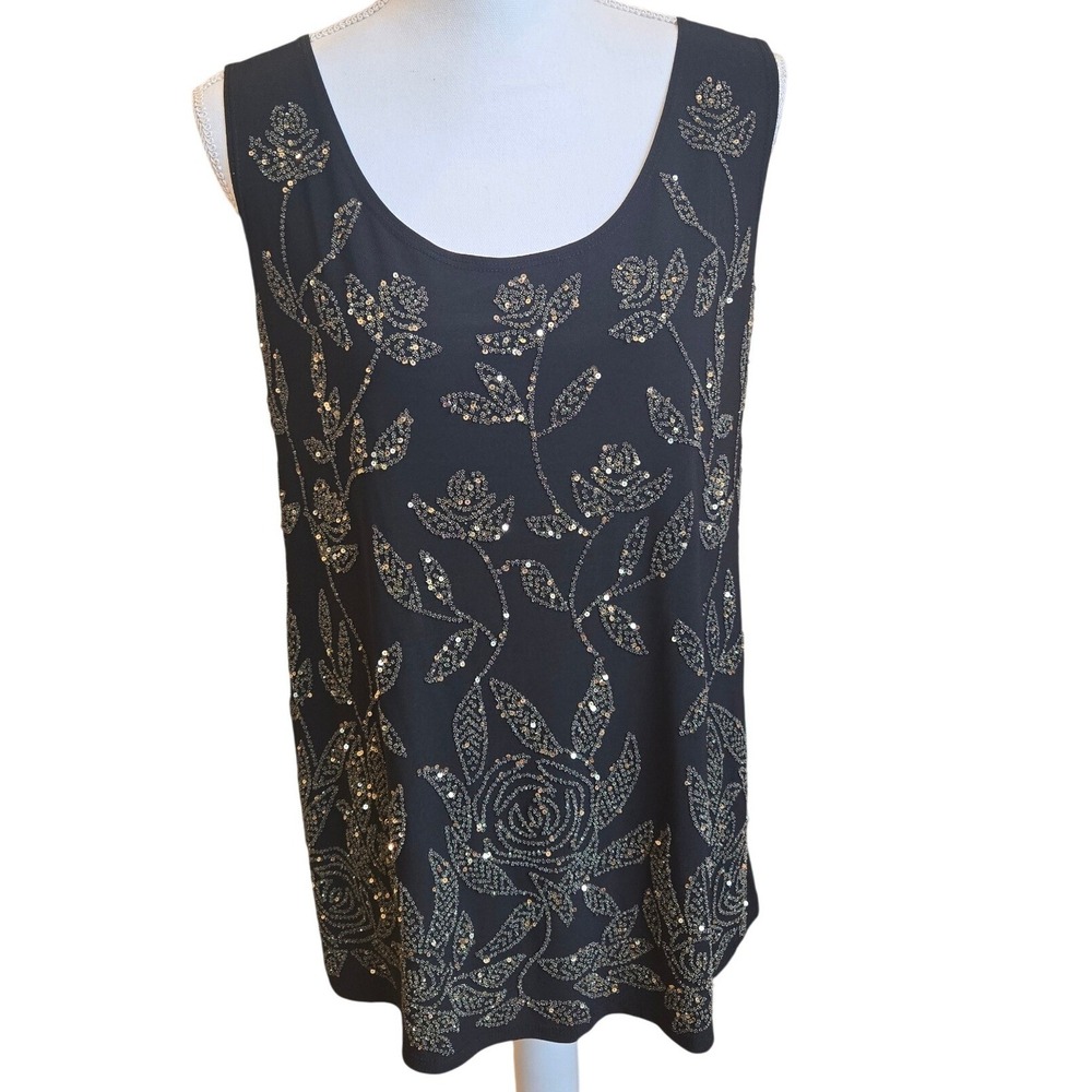 Y2K VTG Onyx Nite Black Gold Beaded Floral Tank Top Sparkle Whimsigoth Fairy XL